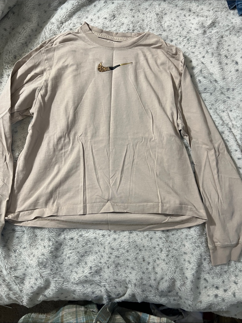 Nike Beige Long Sleeve Tee with Leopard-Print Swoosh